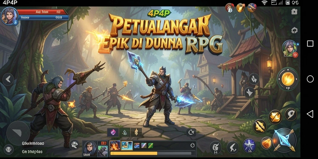 Screenshot gameplay 4P4P menampilkan pertarungan seru di dunia RPG.