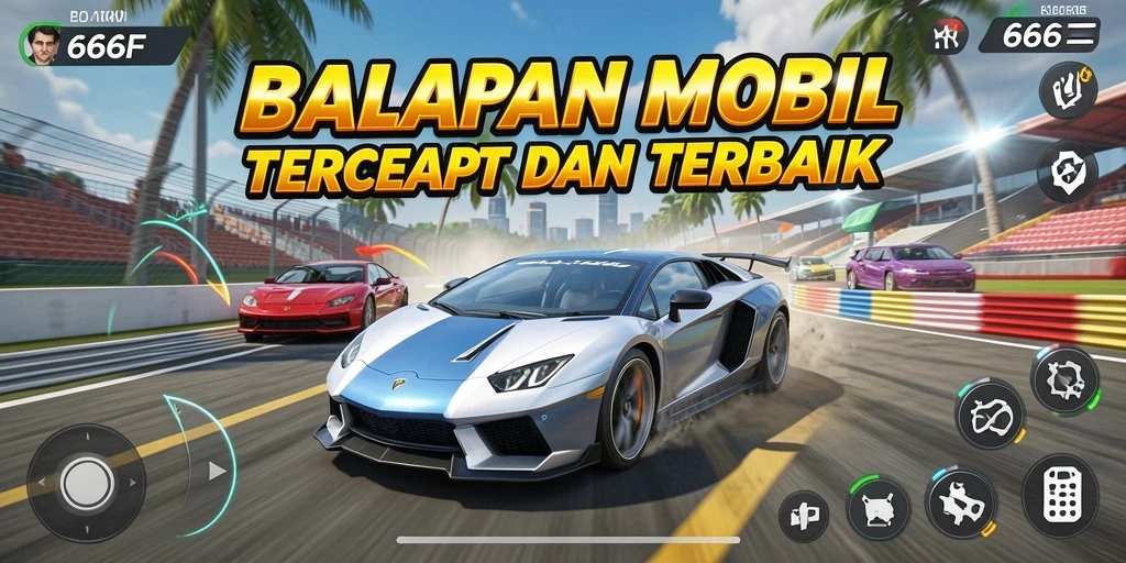 Tampilan gameplay balapan seru dalam 666F dengan mobil melaju kencang.