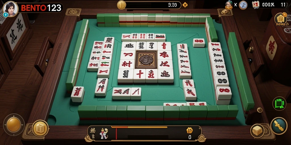 Screenshot gameplay BENTO123 menampilkan ubin Mahjong yang berwarna-warni.
