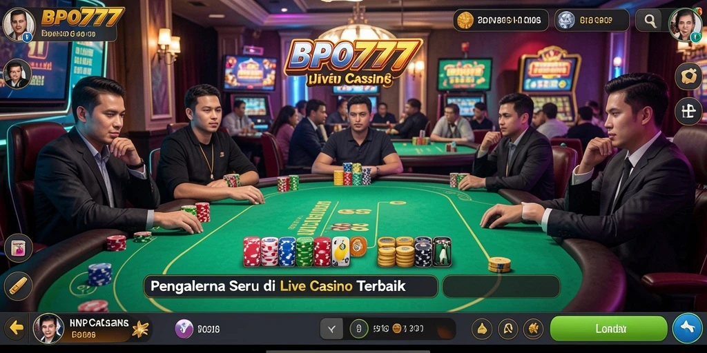Screenshot gameplay BPO777 menampilkan dealer profesional dan suasana kasino yang hidup.