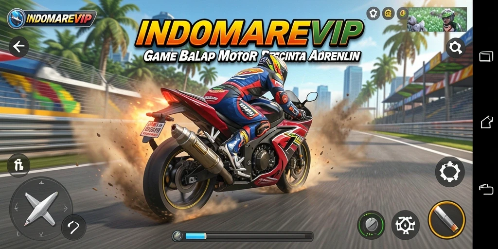 Tangkapan layar gameplay INDOMAREVIP menampilkan aksi balap motor yang mendebarkan.