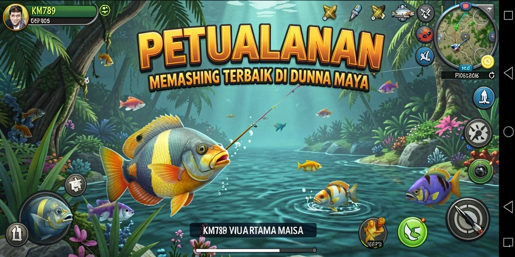 Screenshot gameplay KM789 menampilkan aksi memancing yang seru dan indah.