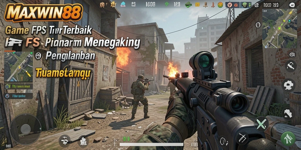 Screenshot utama menunjukkan aksi intens gameplay FPS MAXWIN88.