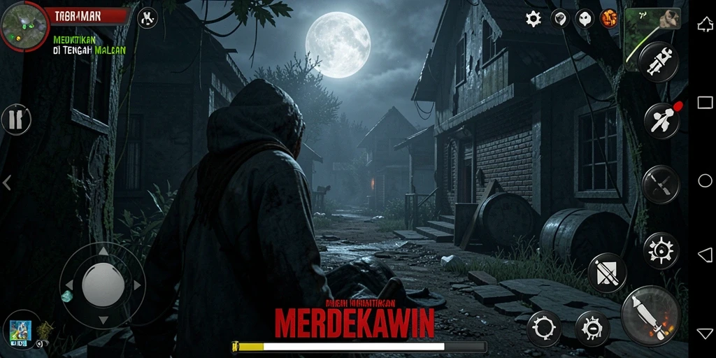 Screenshot gameplay <strong>MERDEKAWIN</strong> menunjukkan suasana mencekam saat menjelajahi kegelapan.