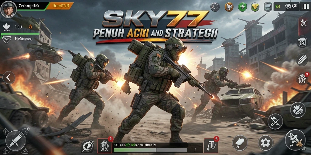 Screenshot utama SKY77 menampilkan aksi tembak-menembak yang intens.