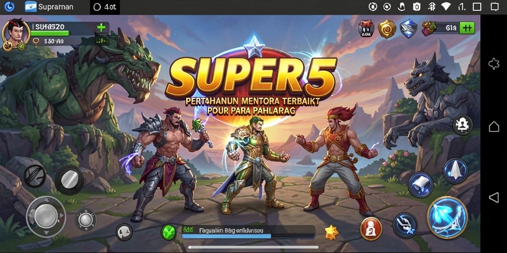 Screenshot dari gameplay SUPER5 yang menampilkan aksi Tower Defense yang intens.