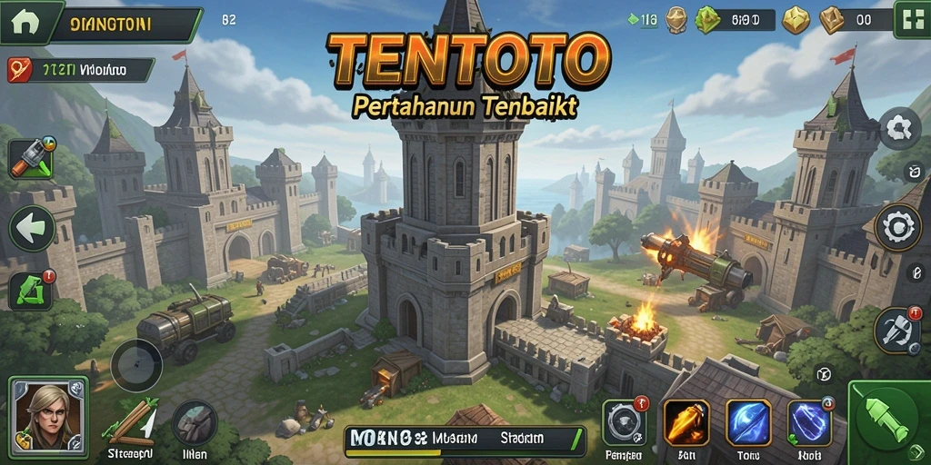 Screenshot utama TENTOTO yang menunjukkan aksi menara dalam pertempuran Tower Defense.