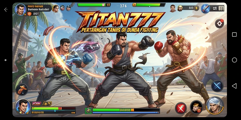 Screenshot utama TITAN777 menampilkan pertarungan dinamis antara dua karakter berbeda.